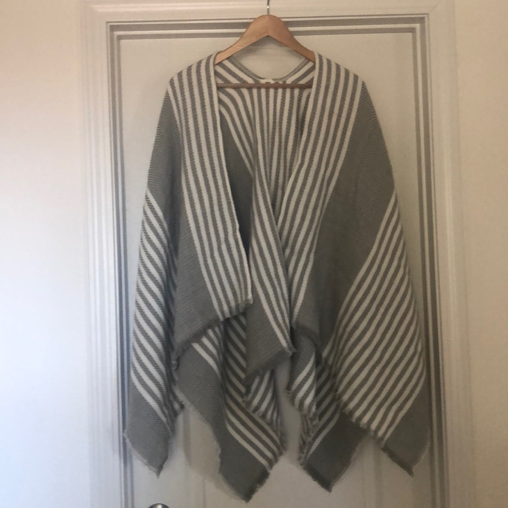 Grey & White stripe knit poncho wrap